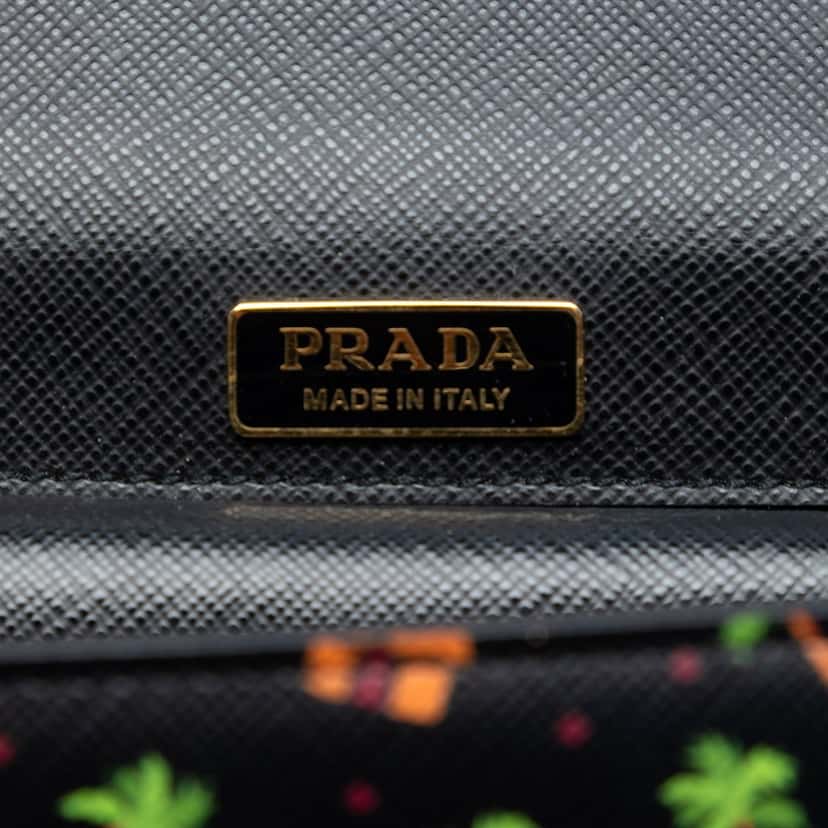 Prada Saffiano Palm Tree and Hut Print Flap Crossbody Black Leather Very good condition - Box View