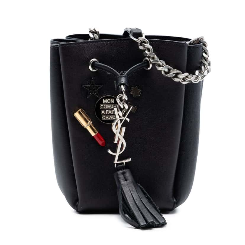 Saint Laurent Mini Leather Monogram Embellished Bourse Bucket Bag Black Leather Very good condition - Front View