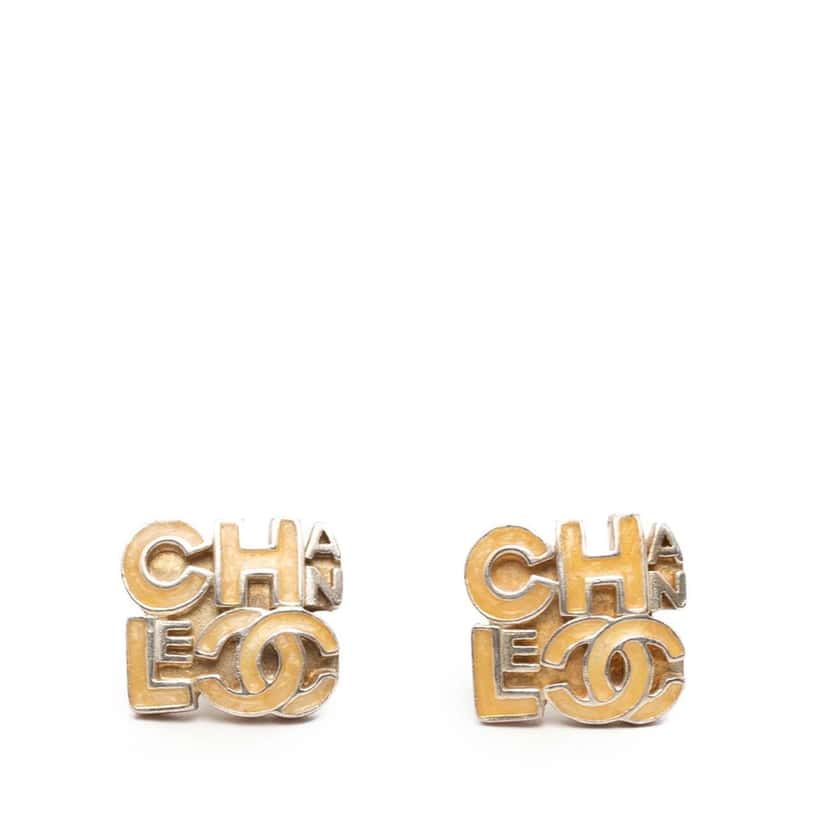 Chanel Silver Plated and Enamel Logo Letters Push Back Earrings Silver Metal Very good condition - Front View