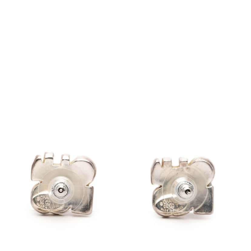 Chanel Silver Plated and Enamel Logo Letters Push Back Earrings Silver Metal Very good condition - Back View