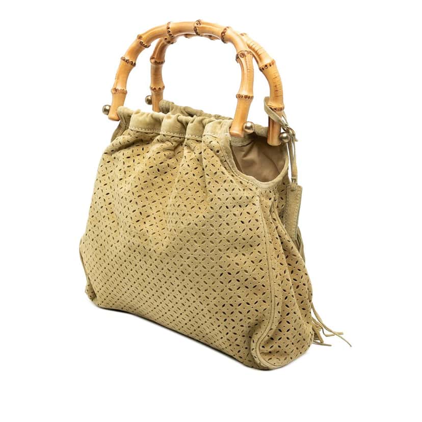 Miu Miu Laser Cut Suede Bamboo Top Handle Bag Beige Leather Very good condition - Back View