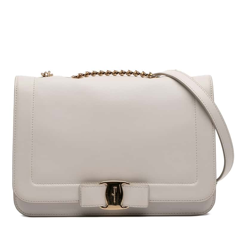 Salvatore Ferragamo Leather Vara Bow Chain Crossbody White Leather Very good condition - Front View