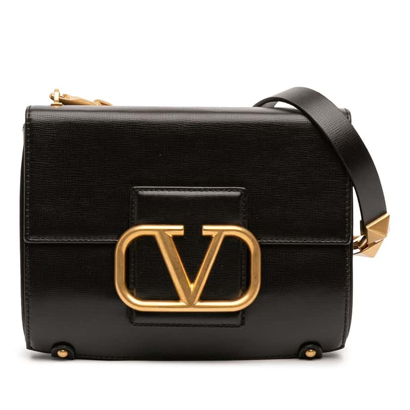 Valentino Grained Calfskin Stud Sign Shoulder Bag Black Leather Very good condition - Front View
