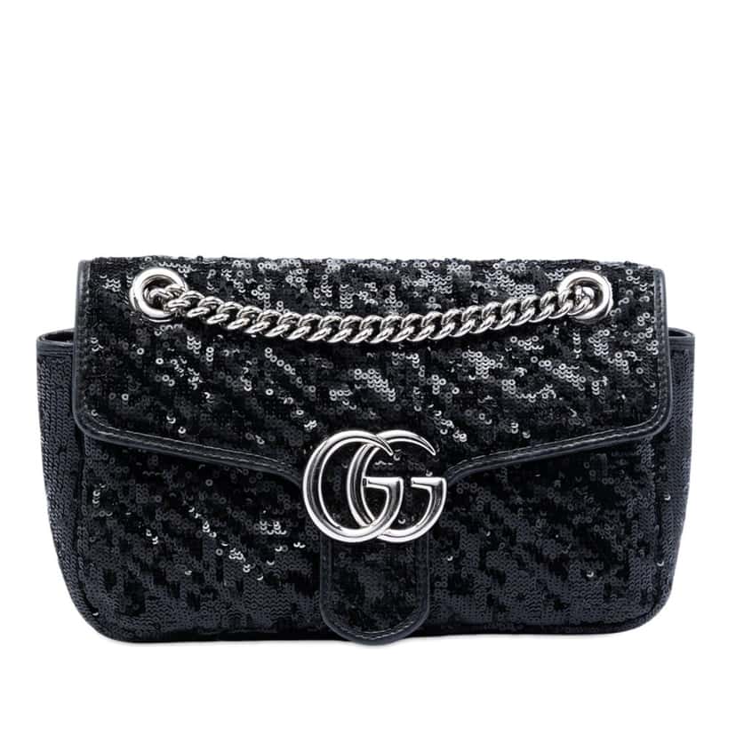 Gucci Medium GG Marmont Matelasse Sequin and Leather Shoulder Bag Black Leather Very good condition - Front View