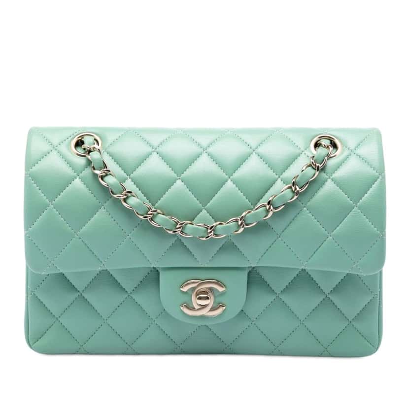 Chanel Small Classic Lambskin Double Flap Green Leather Good condition - Front View