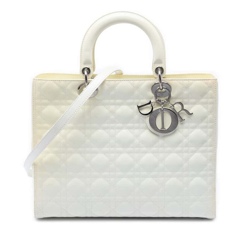 Dior Large Lambskin Cannage Lady Dior White Leather Very good condition - Front View