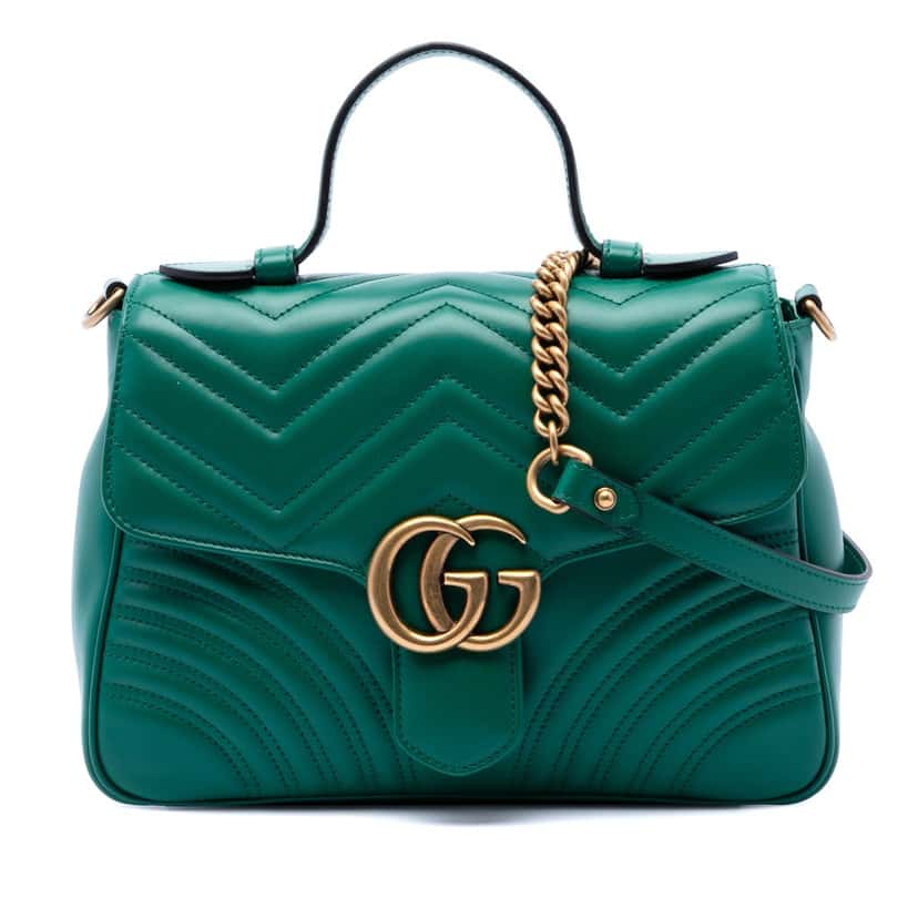 Gucci Small GG Marmont Matelasse Calfskin Top Handle Bag Green Leather Very good condition - Front View