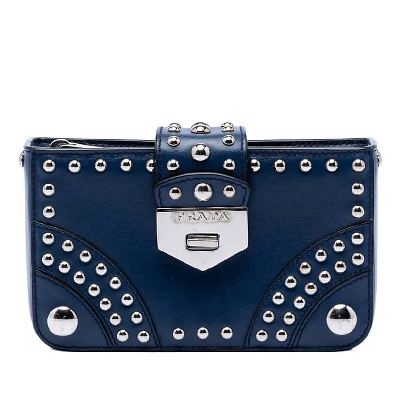 Prada City Calfskin Studded Elektra Turn Lock Clutch Blue Leather Very good condition - Front View