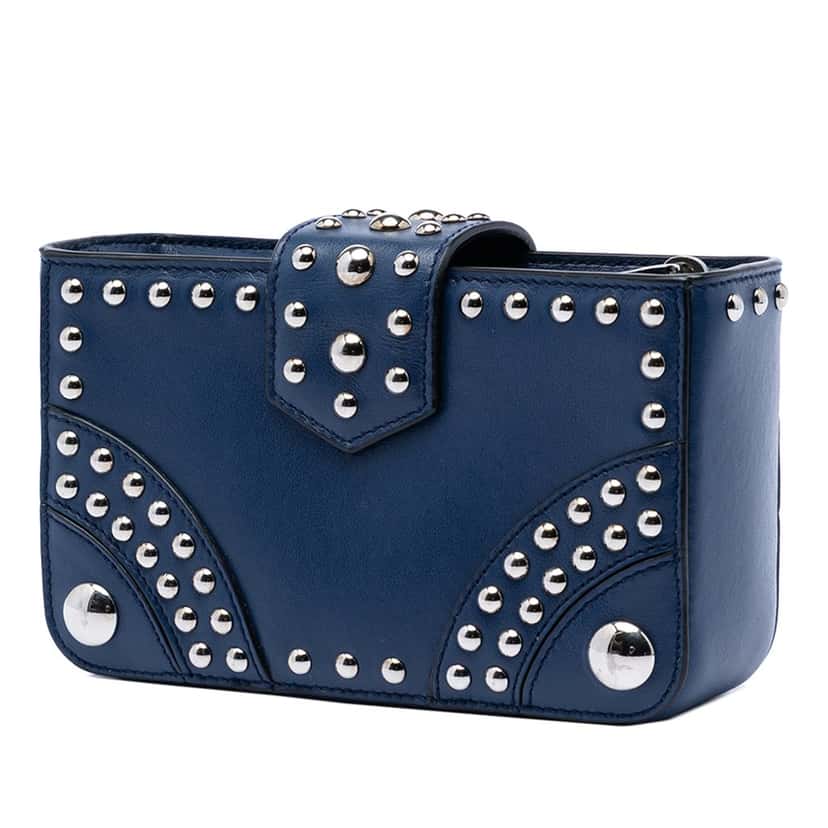 Prada City Calfskin Studded Elektra Turn Lock Clutch Blue Leather Very good condition - Back View