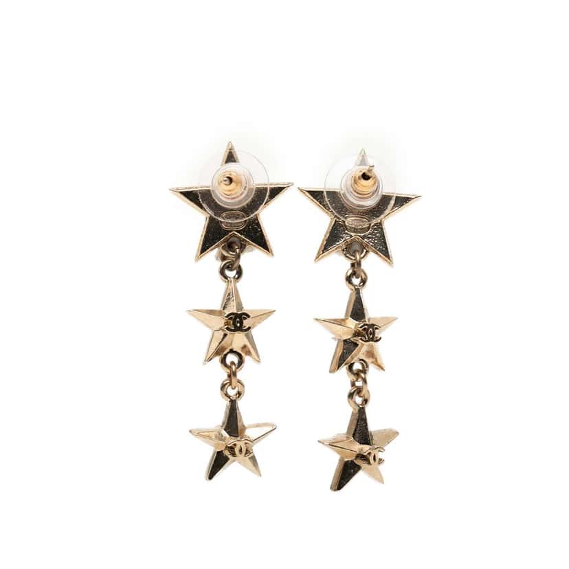 Chanel CC Gold Plated Triple Star Drop Bullet Back Earrings Gold Metal Very good condition - Front View