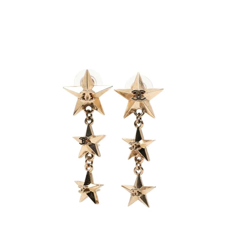 Chanel CC Gold Plated Triple Star Drop Bullet Back Earrings Gold Metal Very good condition - Back View