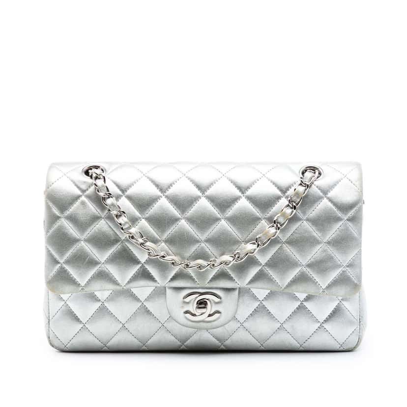 Chanel Medium Classic Metallic Lambskin Double Flap Silver Leather Very good condition - Front View
