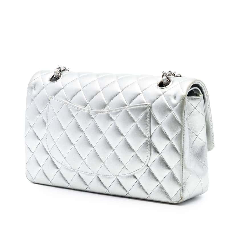 Chanel Medium Classic Metallic Lambskin Double Flap Silver Leather Very good condition - Back View
