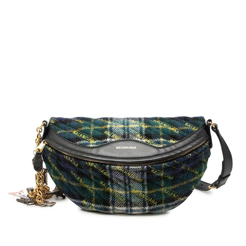 Balenciaga Diagonal Quilted Wool Allover Logo Souvenir Belt Bag XS Green Very good condition - Front View
