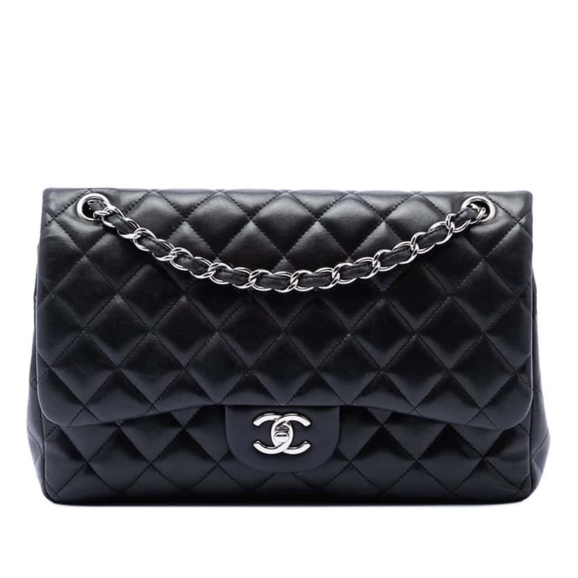 Chanel Jumbo Classic Lambskin Double Flap Black Leather Very good condition - Front View