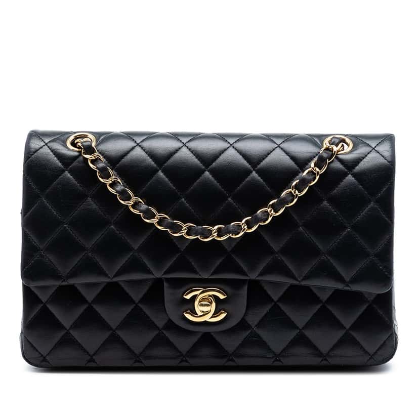 Chanel Medium Classic Lambskin Double Flap Black Leather Very good condition - Front View