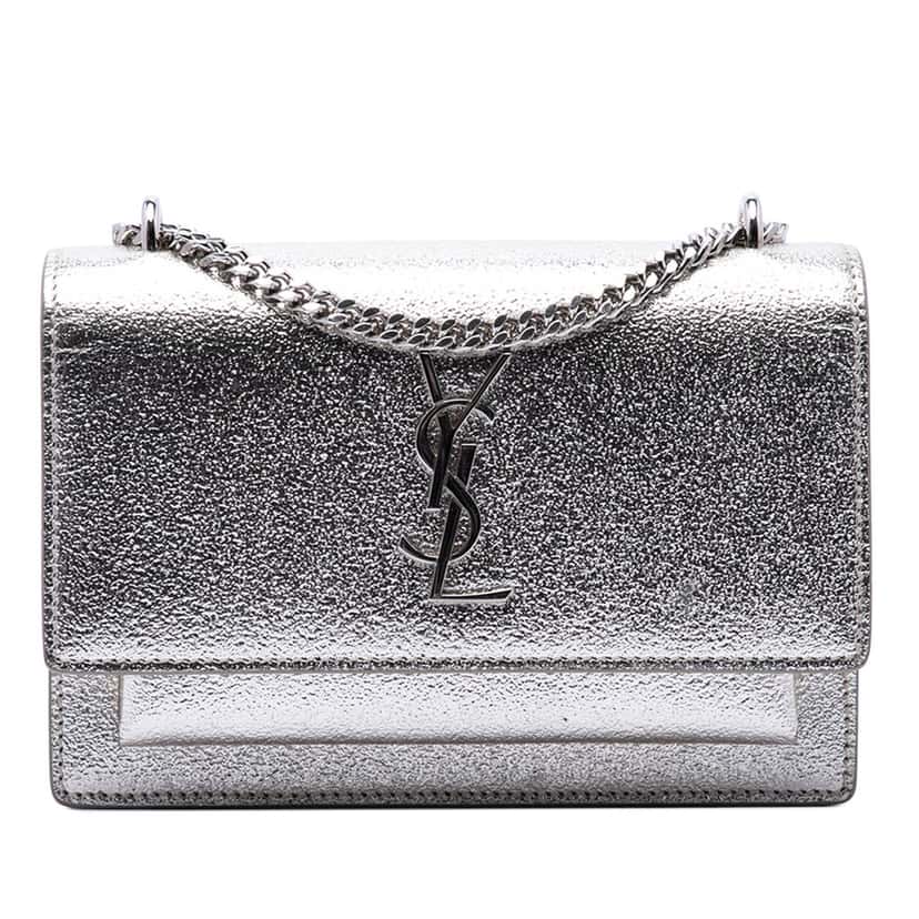 Saint Laurent Mini Metallic Calfskin Monogram Sunset Wallet on Chain Silver Leather Very good condition - Front View