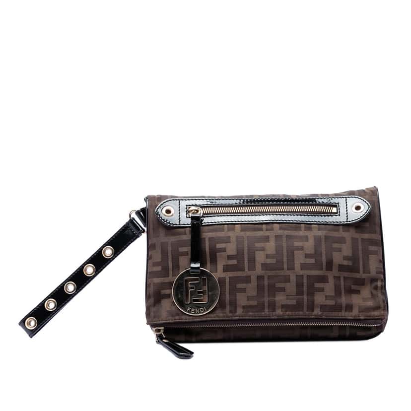 Fendi Zucca Canvas Flap Wristlet Clutch Brown Very good condition - Front View