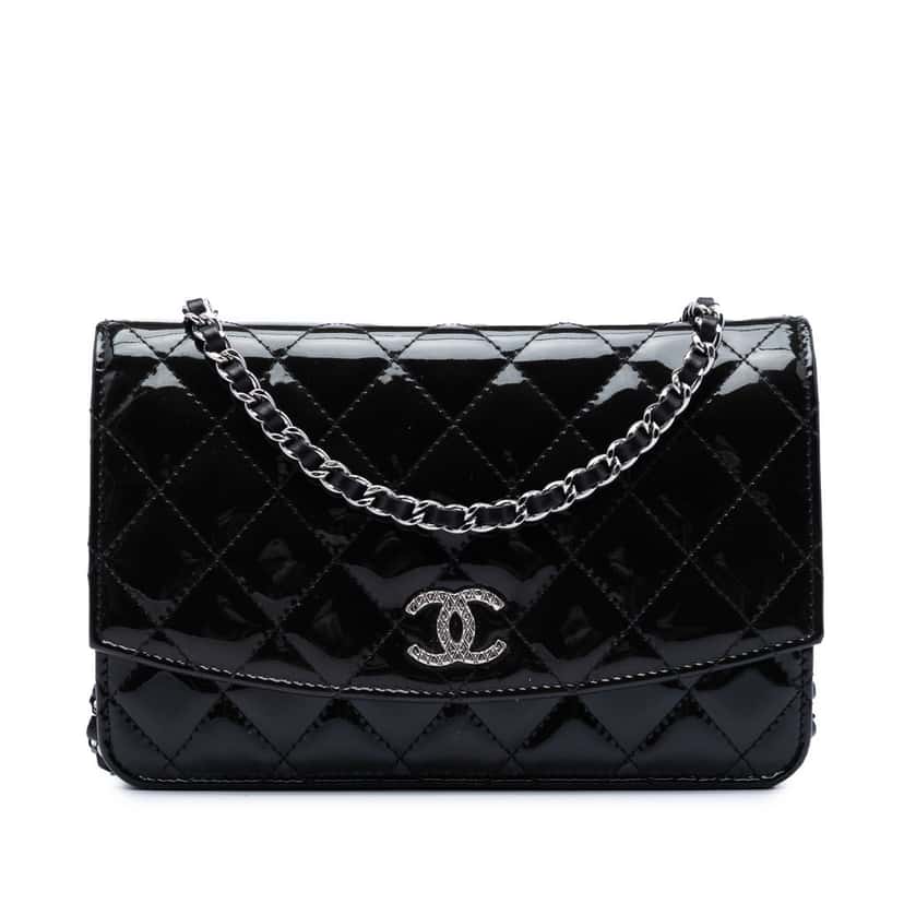 Chanel CC Quilted Patent Brilliant Wallet On Chain Black Leather Very good condition - Front View
