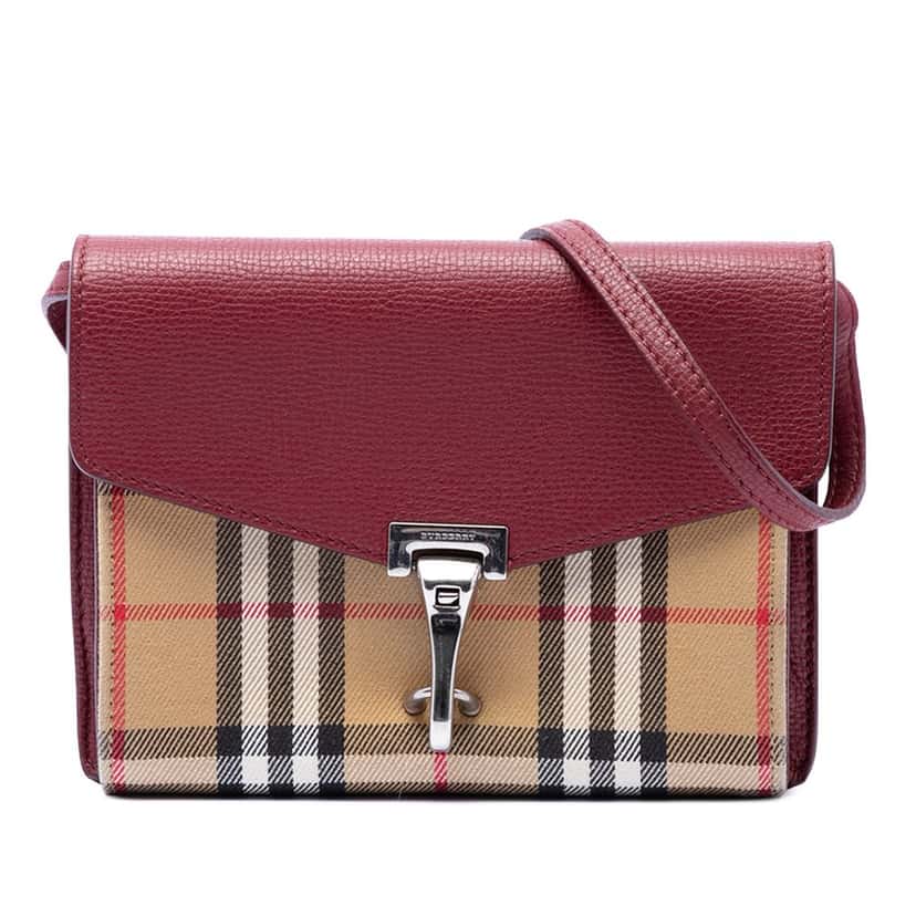 Burberry Small Leather and House Check Canvas Derby Macken Crossbody Red Leather Very good condition - Front View