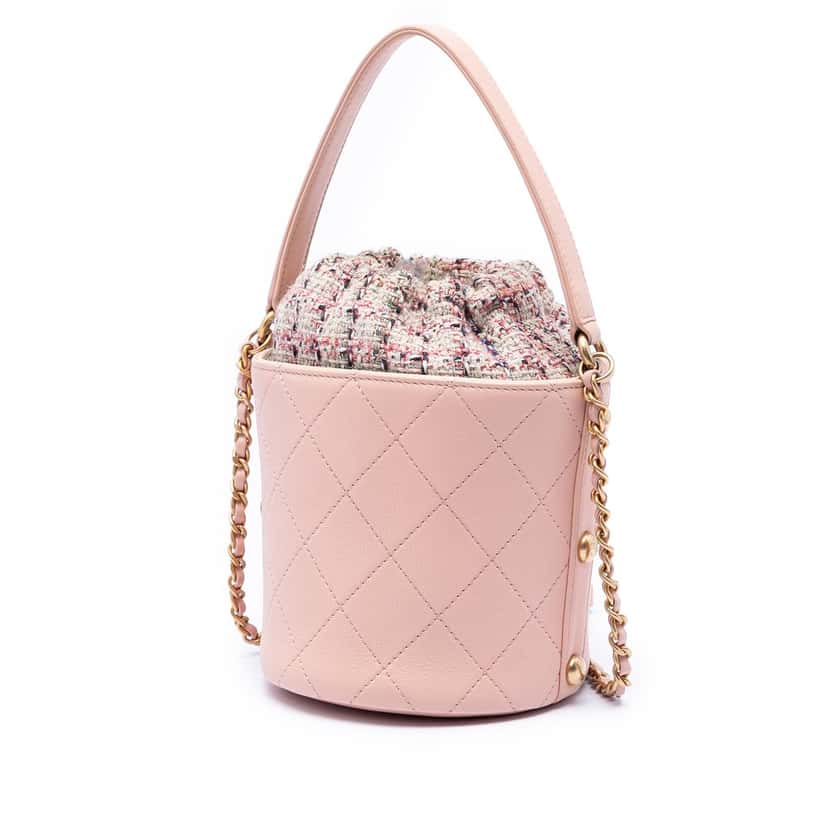 Chanel Small CC Calfskin and Tweed Drawstring Bucket Bag Pink Leather Very good condition - Back View