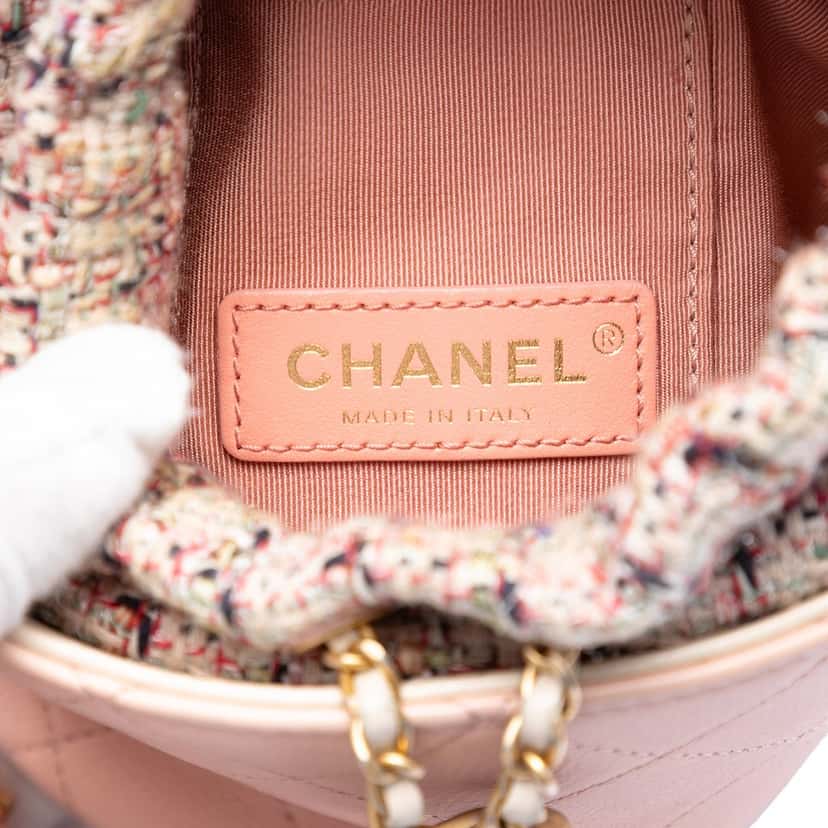 Chanel Small CC Calfskin and Tweed Drawstring Bucket Bag Pink Leather Very good condition - Box View