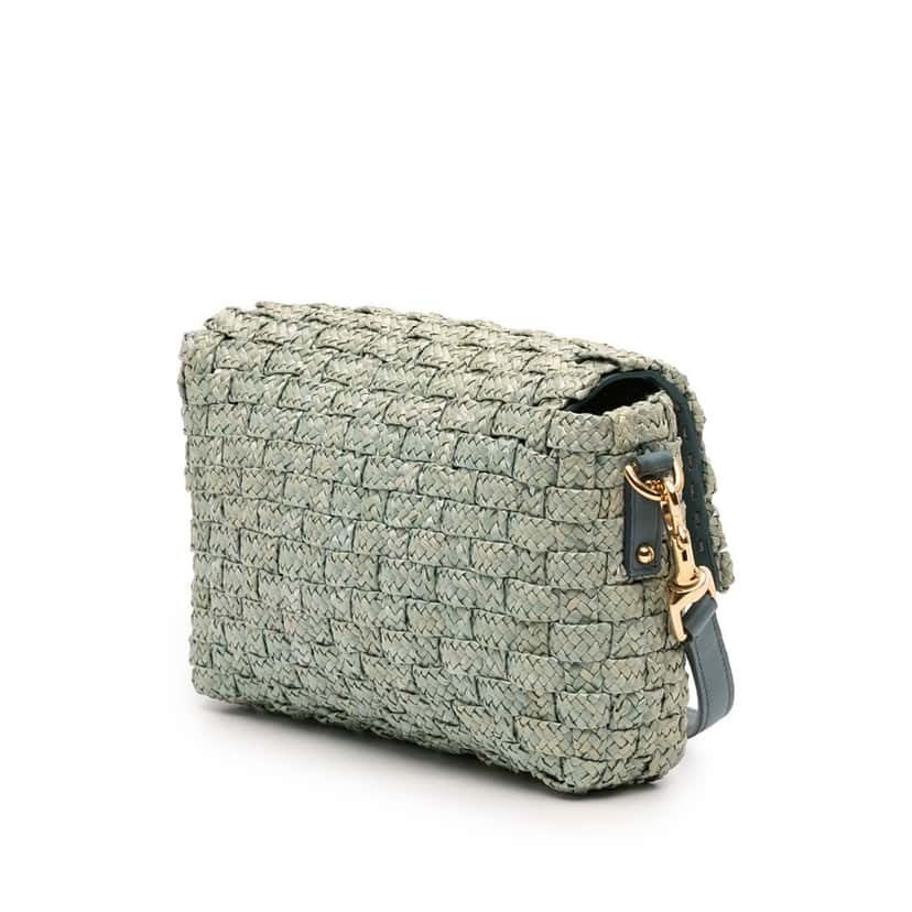 Dolce & Gabbana Leather Trimmed Woven Raffia Padlock Crossbody Blue Very good condition - Back View