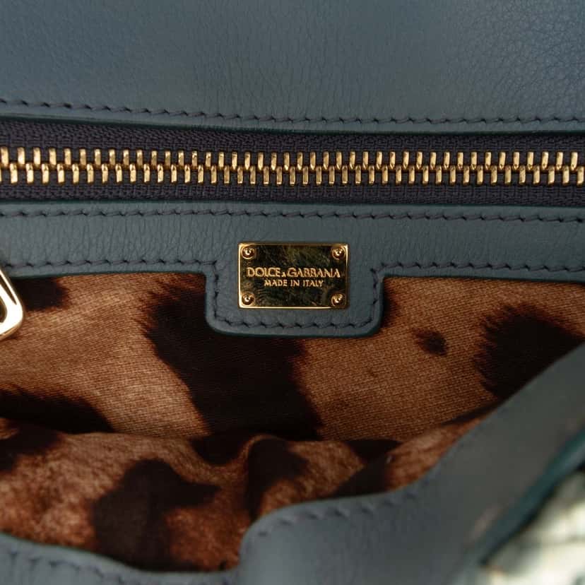Dolce & Gabbana Leather Trimmed Woven Raffia Padlock Crossbody Blue Very good condition - Box View