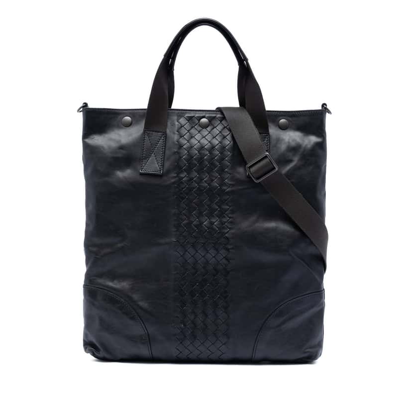 Bottega Veneta Intrecciato Trimmed Nappa Convertible Tote Black Leather Very good condition - Front View