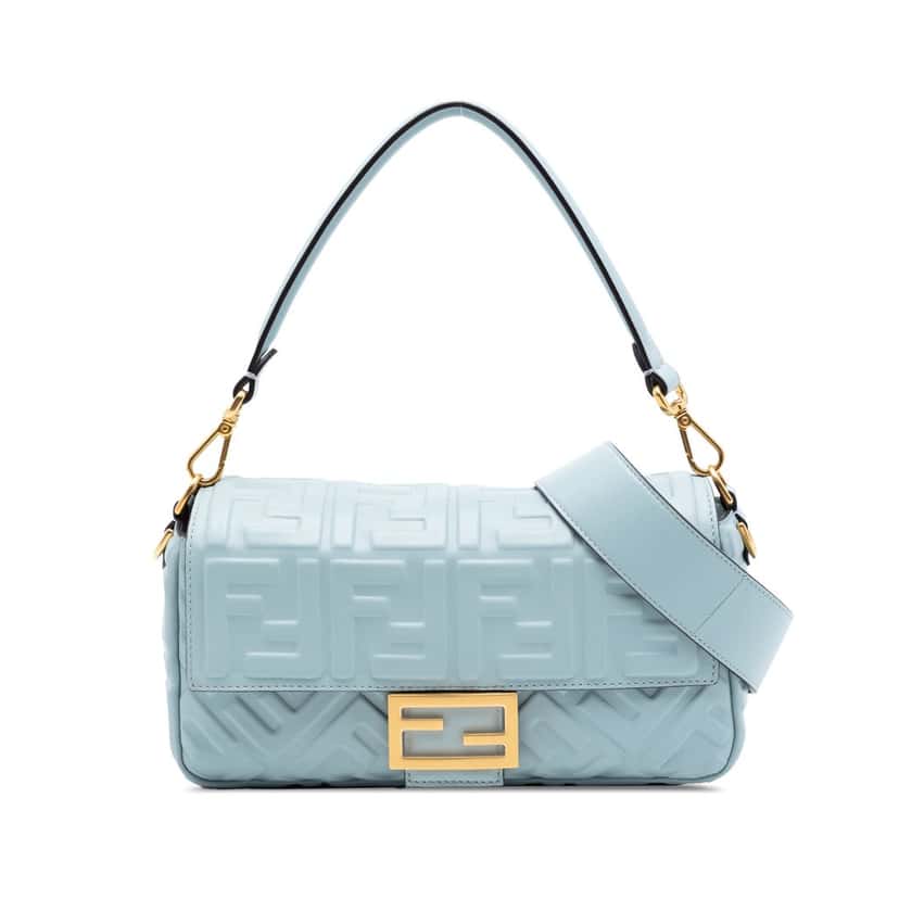 Fendi Zucca Embossed Leather Baguette Satchel Blue Leather Very good condition - Front View
