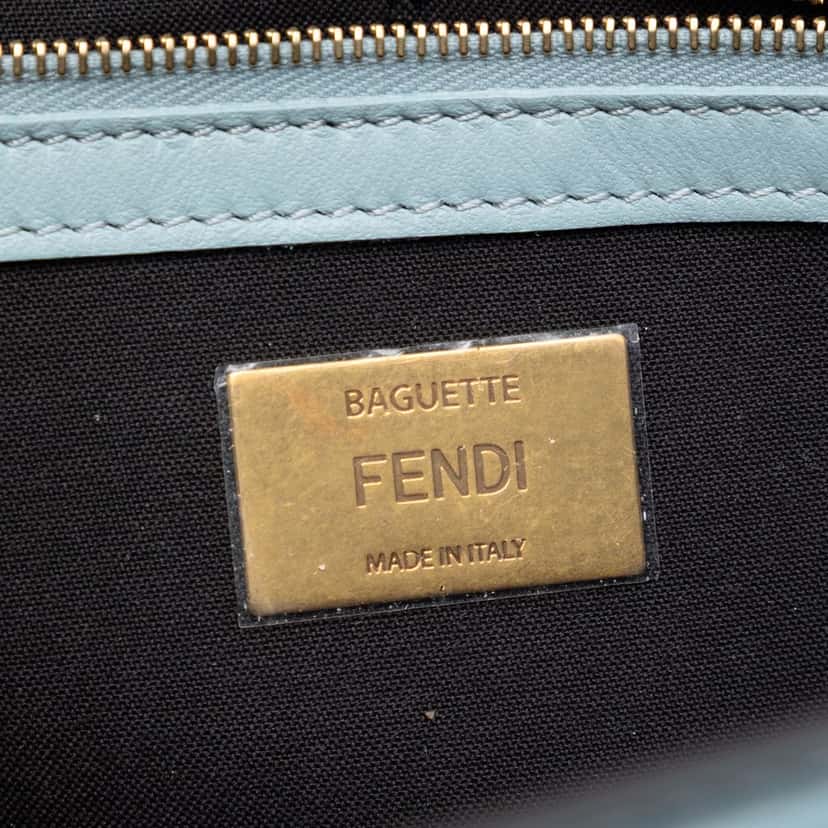 Fendi Zucca Embossed Leather Baguette Satchel Blue Leather Very good condition - Box View
