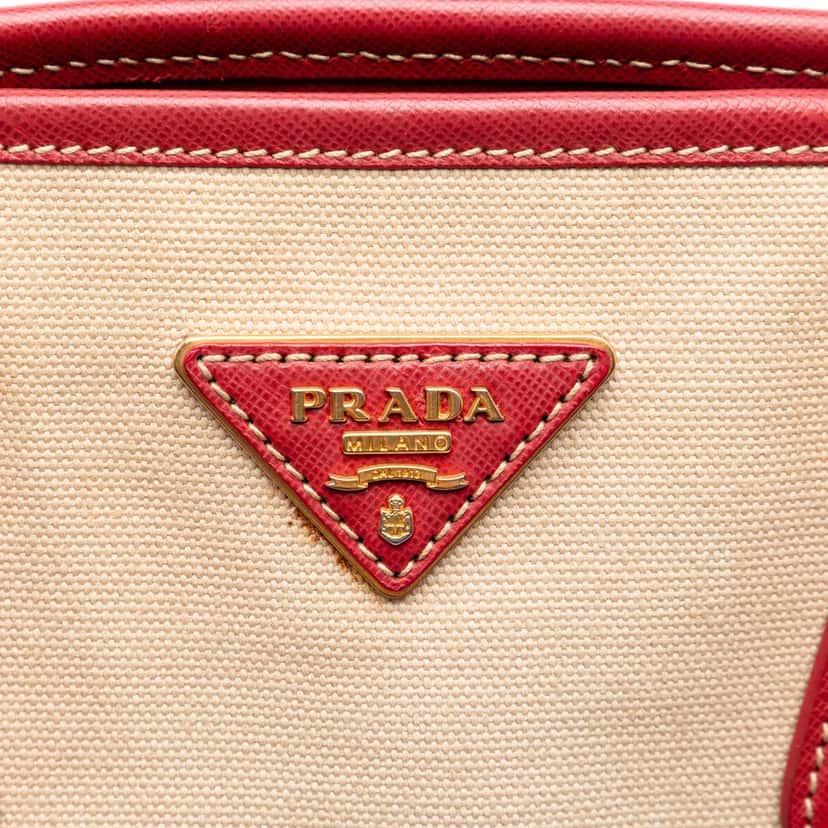 Prada Saffiano Trimmed Canvas Canapa Satchel Beige Very good condition - Box View