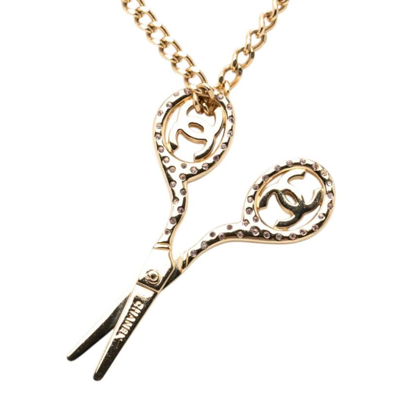 Chanel CC Gold Plated Strass Scissor Pendant Necklace Gold Metal Very good condition - Back View