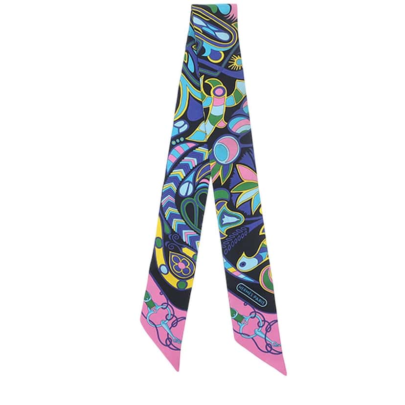 Hermès Folklore Silk Twilly Scarf Black Very good condition - Front View
