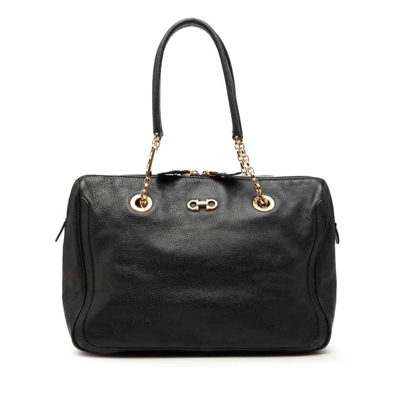 Ferragamo Buffalo Leather Fanya Chain Tote Black Leather Very good condition - Front View