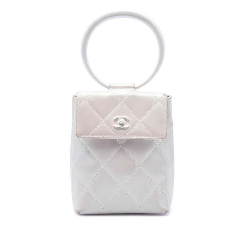 Chanel CC Bicolor Quilted Iridescent Lambskin Ring Handle Bag Beige Leather Very good condition - Front View