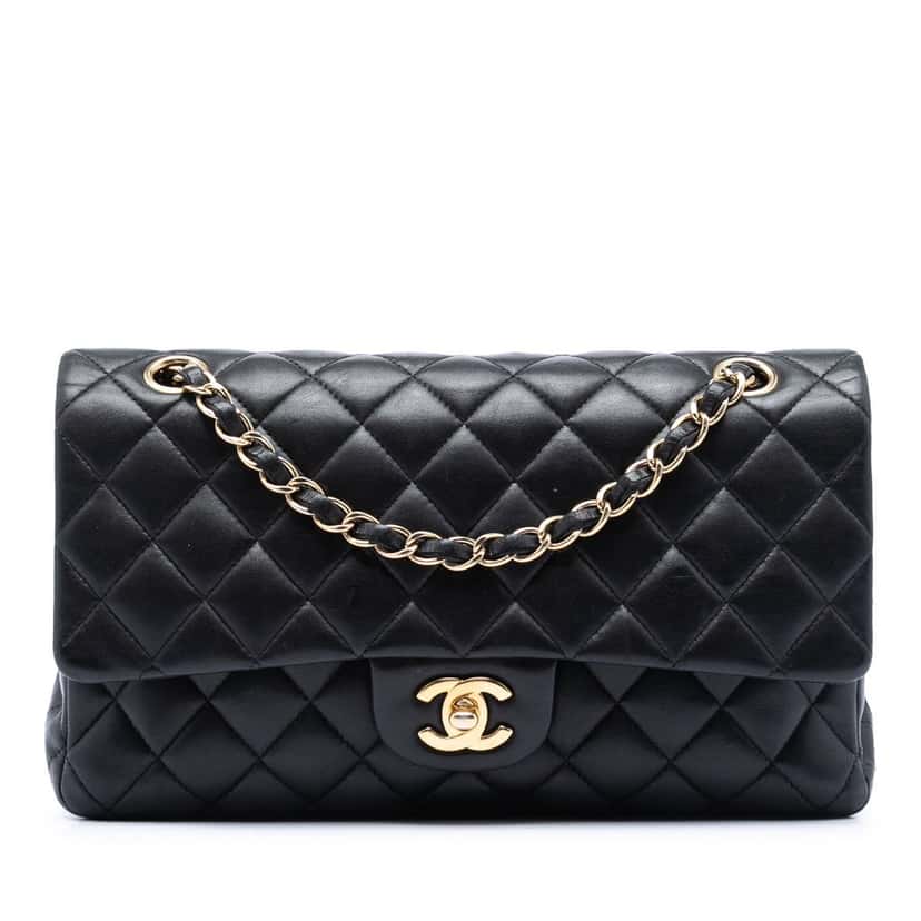 Chanel Medium Classic Lambskin Double Flap Black Leather Very good condition - Front View