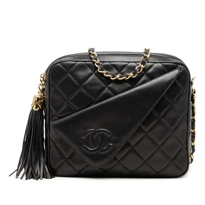 Chanel Mini CC Quilted Lambskin Tassel Camera Bag Black Leather Very good condition - Front View