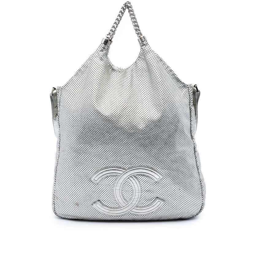 Chanel Large Metallic Glazed Calfskin Perforated Rodeo Drive Satchel Silver Leather Very good condition - Front View