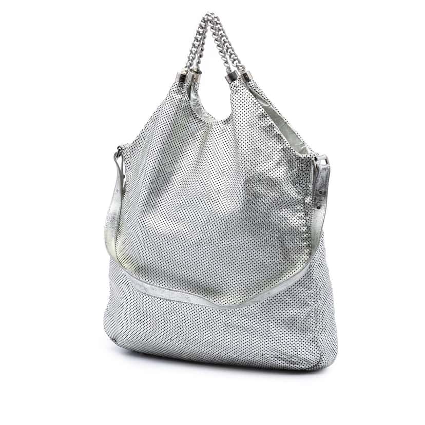 Chanel Large Metallic Glazed Calfskin Perforated Rodeo Drive Satchel Silver Leather Very good condition - Back View