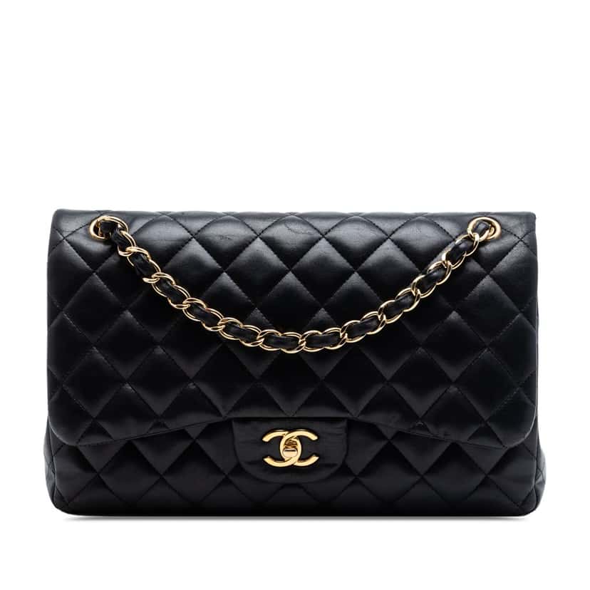 Chanel Jumbo Classic Lambskin Double Flap Black Leather Very good condition - Front View