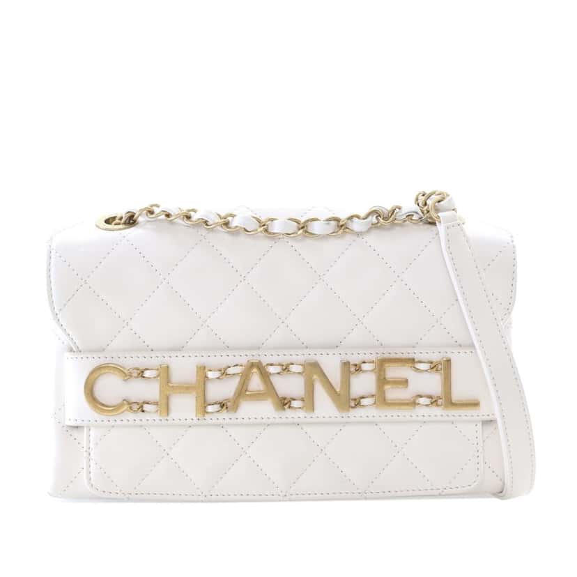 Chanel Medium Quilted Calfskin Logo Enchained Flap White Leather Very good condition - Front View