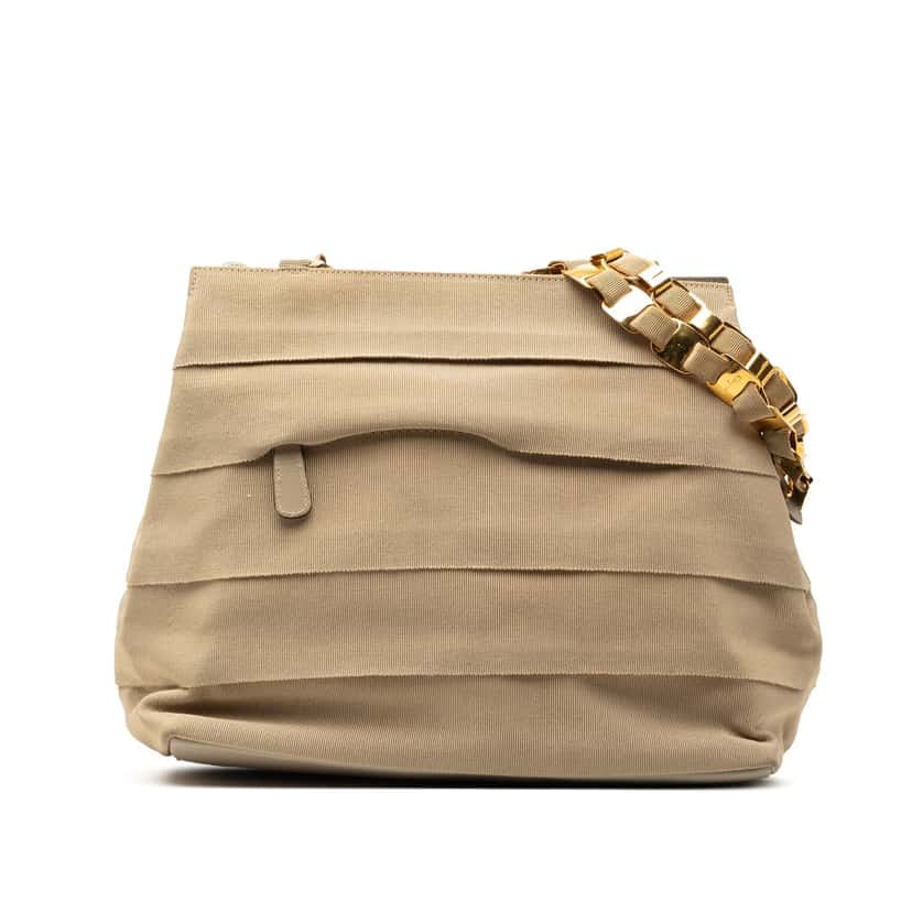Ferragamo Nylon Tiered Grosgrain Shouder Bag Beige Very good condition - Front View