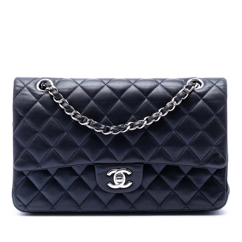 Chanel Medium Classic Lambskin Double Flap Blue Leather Very good condition - Front View