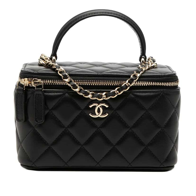 Chanel Small Lambskin Top Handle Vanity Case with Chain Black Leather Very good condition - Front View