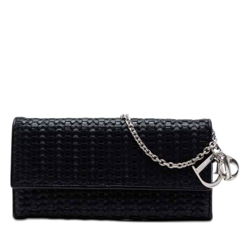 Dior Woven Lambskin Lady Dior Rendezvouz Wallet on Chain Black Leather Very good condition - Front View