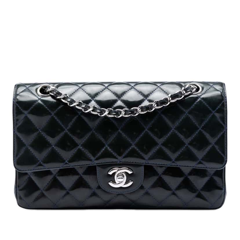 Chanel Medium Classic Patent Double Flap Blue Leather Very good condition - Front View