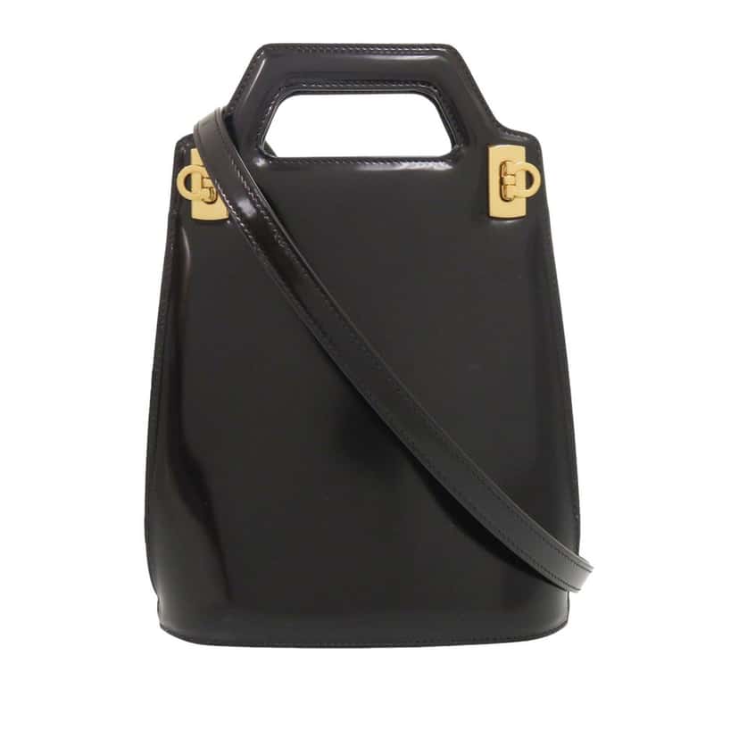 Salvatore Ferragamo Mini Brushed Calfskin Gancini North South Wanda Top Handle Bag Black Leather Very good condition - Front View