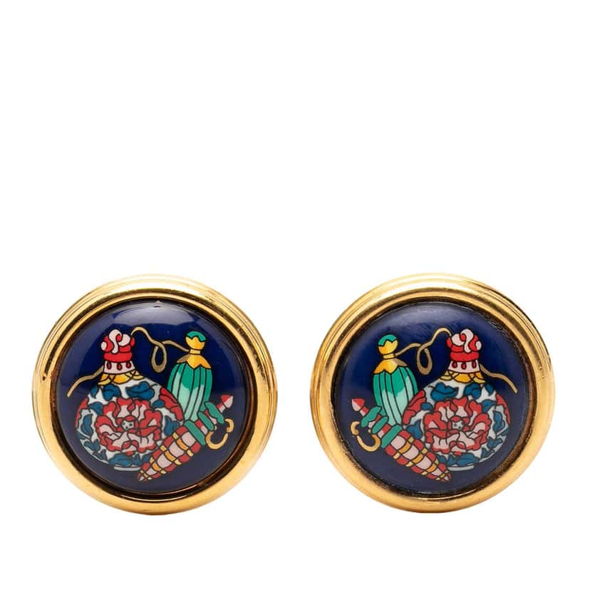 Hermès Gold Plated Enamel Round Clip On Earrings Blue Very good condition - Front View