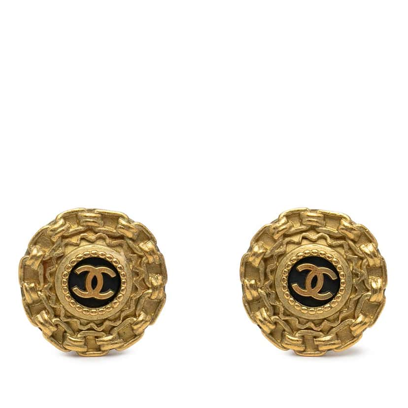 Chanel CC Gold Plated Enamel Round Clip On Earrings Gold Metal Very good condition - Front View